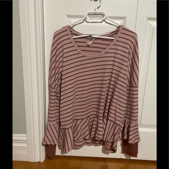 Free People We The Free Waffle Knit Stripe Peplum Ruffle Top Long Sleeve - Picture 4 of 4